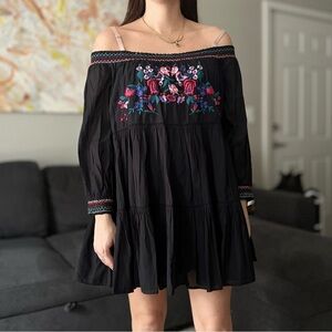 Free People Sunbeams Floral Embroidered Off The Shoulder Boho Dress - Black - S